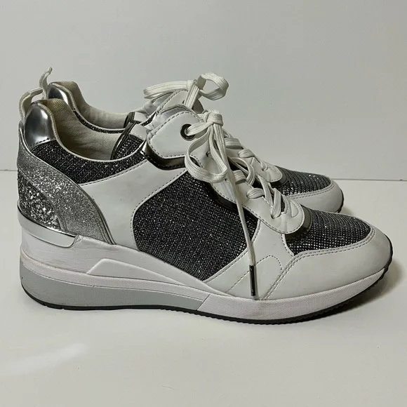 Michael Kors Crista Silver White Mixed Media Wedge Sneakers Glitter Women’s 9.5 - Picture 9 of 12